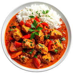 Csirkepaprik&aacute;s, a classic Hungarian chicken paprikash stew with a creamy paprika sauce, isolated on white background.