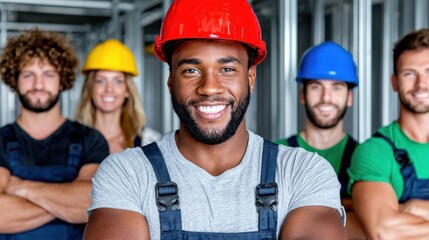 Group of construction workers in a building site with safety helmets smiling together during day time