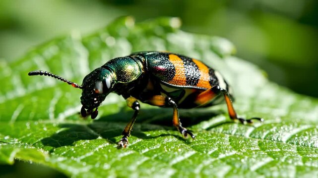 A shiny black and orange beetle with distinctive markings on a green leaf