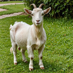 Friendly goat in green field on sunny day