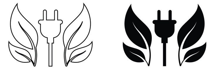 Eco friendly energy concept with leafy plug designs,Icon electrical plug with a lightning bolt within a circular frame black leaf symbolizing eco friendly renewable energy black power
