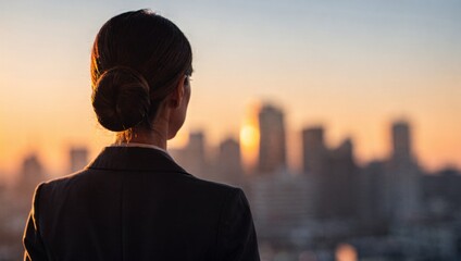 businesswoman back cityscape view concept. Business professional gazing at a city skyline during sunset.