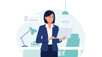 Female Entrepreneur with Laptop in Office &mdash; Flat Vector Illustration with Blue and Teal Professional Palette