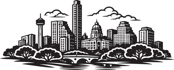 Austin City Skyline Silhouette Black and White Vector Illustration