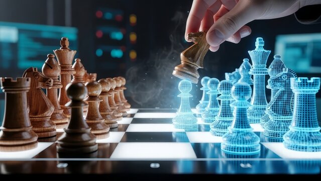 Digital strategy battle chess game with futuristic glowing blue wireframe pieces facing traditional wooden pieces on a board with abstract background with technology - Powered by Adobe