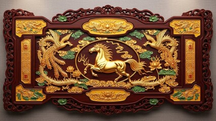 Ornate Golden Horse and Dragon Relief Carving Wall Art with Peacock and Lotus Accents
