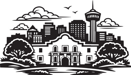 San Antonio Texas City Skyline Silhouette Black and White Vector Illustration