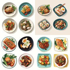 Top view illustration of Asian main dishes with rice vegetables and protein served in plates. Colorful meals arranged neatly for menu design and culinary presentation.