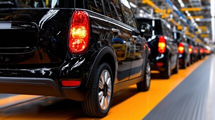 Factory assembly line with multiple black cars being prepared for shipment during daylight hours