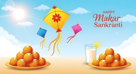 Plakat makar sankranti pongal, happy makar sankranti, sankranti, Happy Makar Sankranti festival celebration image. A festive Makar Sankranti greeting card with sweets and kites.