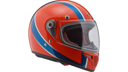 Red motorcycle helmet with blue and white stripes red helmet isolated on a transparent background
