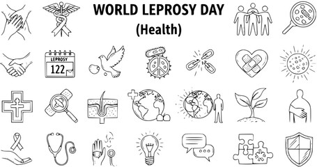 World Leprosy Day Health Awareness Medical Icons Set. Black  White Line Art Doodle Vector Collection for Disease Prevention, Treatment, Global Support, and Stigma Elimination.