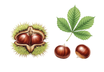 Realistic watercolor of spiky chestnut bur, dark chestnuts, and green leaves on transparent background with copy space, autumn botanical study