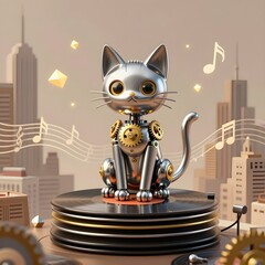 Futuristic Robotic Cat Playing Music on Vinyl Turntable in Modern Cityscape 3D Illustration, Generated AI