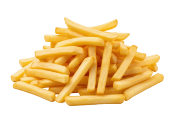 A mounded pile of fresh, golden-yellow straight-cut potato French fries with crisp, golden-brown edges, isolated on a transparent background with copy space, concept for snack advertising