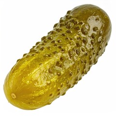Close-up studio shot of a crisp, green, bumpy dill pickle, isolated