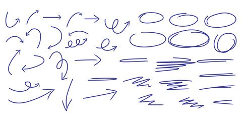 Collection of hand drawn blue arrows circles lines and various scribbles