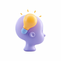 3D cute cartoon human head profile with glowing light bulb idea icon, smooth purple design isolated on transparent background.