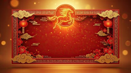 Festive Chinese New Year backdrop featuring a golden horse silhouette surrounded by traditional red and gold decorations and soft lighting