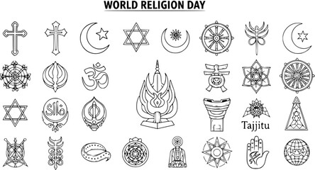 World Religion Day Black and White Line Art Icons Set. Diverse Religious Symbols Collection for Faith, Spirituality, and Cultural Unity.