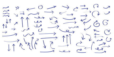 Collection of hand drawn blue arrows pointing in various directions on a white background