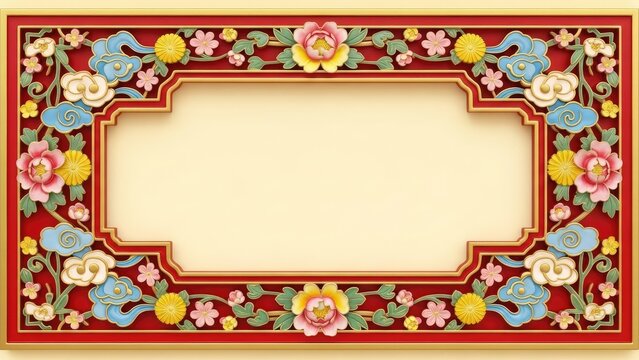 Exquisite traditional Asian decorative frame featuring vibrant floral arrangements and auspicious cloud patterns, ideal for elegant invitations, festive announcements, or cultural design projects