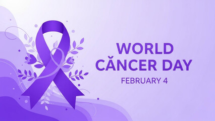 Obraz premium Purple ribbon for World Cancer Day February 4 with floral elements and text symbolizing awareness and hope