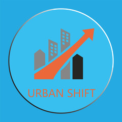 Urban development concept icon with city skyscrapers and rising orange arrow on blue background.