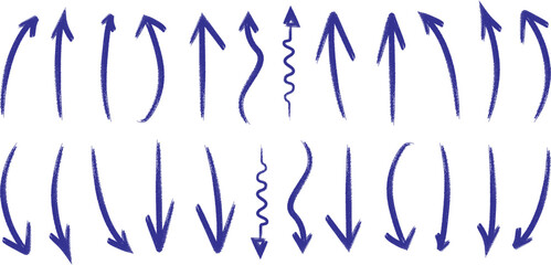 Collection of hand drawn blue arrows pointing upwards and downwards simple design