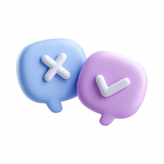 Obraz premium 3D cute cartoon chat bubbles with check and cross icons, yes or no decision isolated on transparent background.
