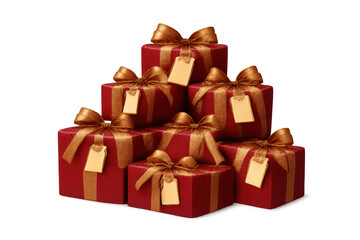 Fototapeta premium Stacked red gift boxes with gold ribbons and blank tags, celebrating christmas, holidays, and special occasion gifting