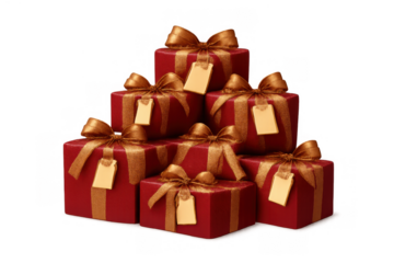 Stacked red gift boxes with gold ribbons and blank tags, celebrating christmas, holidays, and special occasion gifting