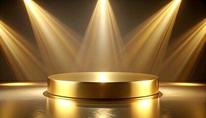 Golden circular podium with reflective surface, illuminated by converging warm spotlights on a dark, elegant stage background, perfect for display.