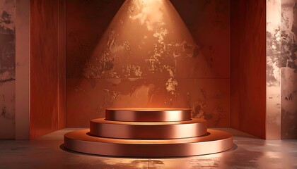 Copper toned three tiered circular podium, brightly illuminated by a focused spotlight, set against dark textured walls and concrete floor, ideal for