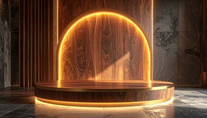 Luxurious round wooden podium with golden trim, warm light, against a semi circular dark wood wall and black marble, a modern 3D render.