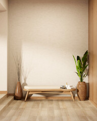 Wooden spa chair with towels and diffuser aside houseplant and sunlight over steps and parquet floor