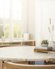 Books and pencil aside potted plant on round marble table across window in living room with&nbsp;sunlight