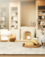 Fototapeta premium Bread plate and coffee cup aside flower vase on marble counter table across fireplace in living room