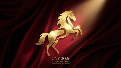 Majestic golden horse runs through vibrant red background with lanterns