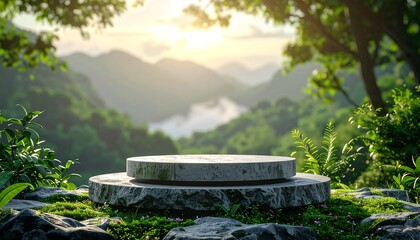 Stone podium, two tiered, on mossy rocks with green foliage, against blurred mountain valley, soft golden sunrise light.