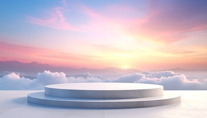 White two tiered circular podium on reflective surface, against pastel sunrise sky with soft clouds, distant mountains, creating serene ethereal