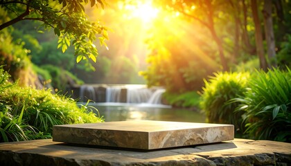 Empty natural stone podium display stage, illuminated by warm golden sunlight streaming through lush green trees, set against a serene waterfall and