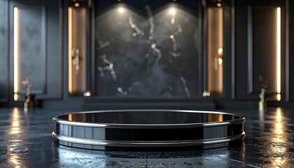 Sleek black circular podium, chrome accents, glossy dark floor, luxurious interior, marble wall, spotlights, vertical lights, ideal product display.