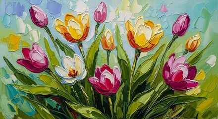 Vibrant bouquet of multi-colored tulips rendered with thick, expressive paint strokes.