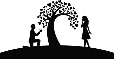 Romantic marriage proposal silhouette under heart shaped tree as man kneels offering ring symbolizing love engagement valentine illustration concept