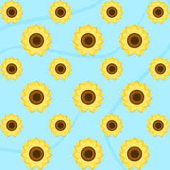 Sunflower Pattern with Repeating Yellow Flowers and Brown Centers on Soft Blue Background with Subtle Wavy Stripes for Textile and Wallpaper Design