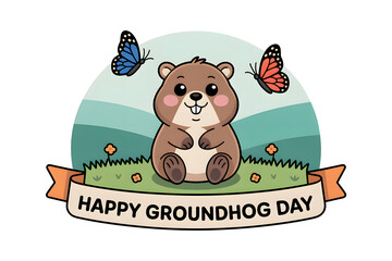 Happy groundhog day cartoon illustration with cute groundhog and butterflies
