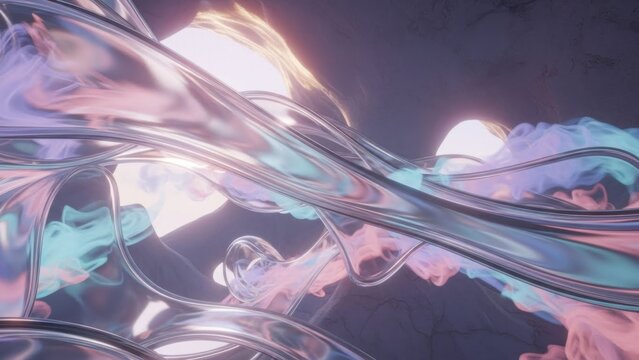 Abstract futuristic glass and light installation with flowing reflections and glowing highlights