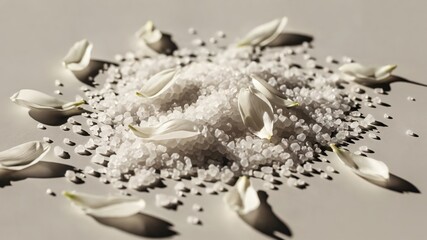 Decorative White Salt and Flower Petals Arrangement for Home Decor or Kitchen Use