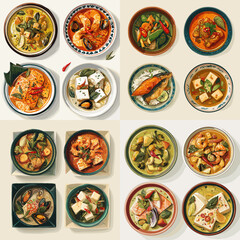Top view illustration of Asian soups and tofu dishes with vegetables and rich broth. Comfort meals arranged neatly for menu design and culinary storytelling visuals.